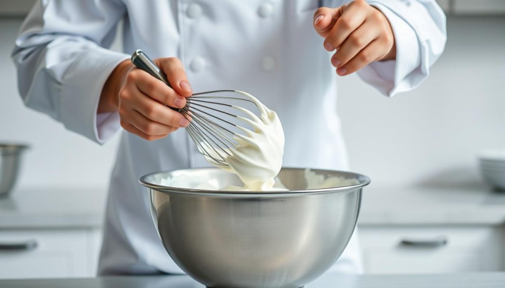 Chef successfully whipping cream in a stainless steel bowl