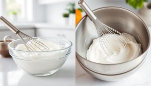 Glass and metal mixing bowls side by side with whipped cream being prepared