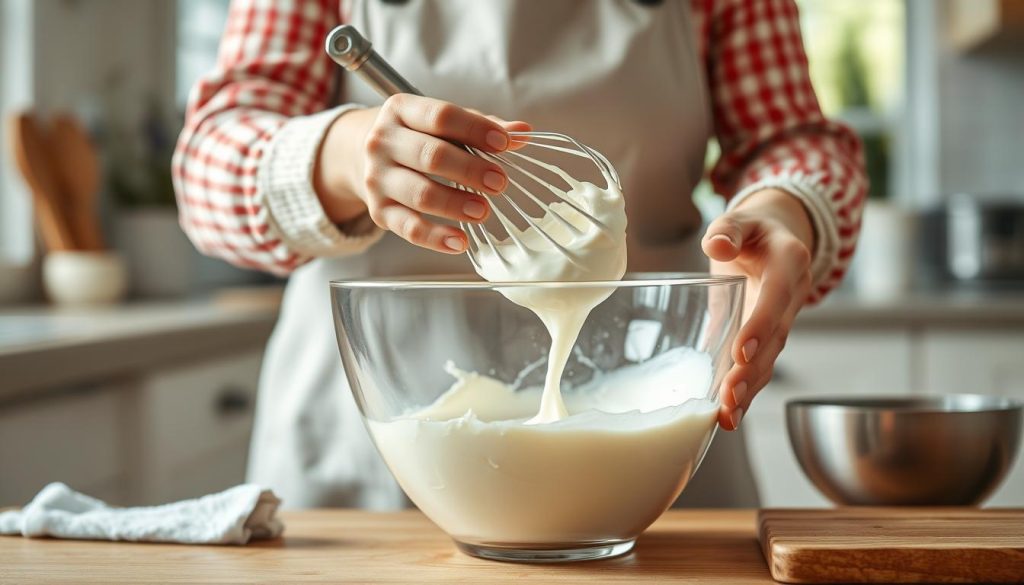 Home baker whipping cream in a clear glass bowl showing progress