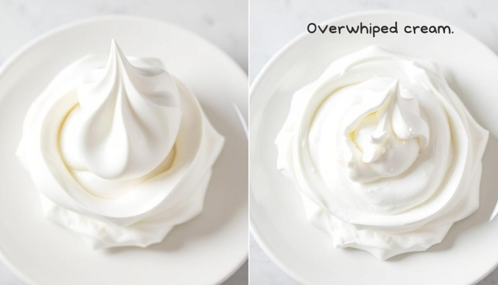 Side-by-side comparison of properly whipped cream versus overwhipped cream showing the secret behind whipped cream consistency Side-by-side comparison of properly whipped cream versus overwhipped cream showing the secret behind whipped cream consistency