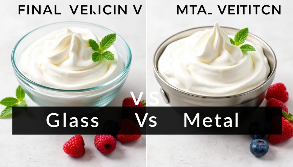 Side-by-side comparison of whipped cream in glass and metal bowls with verdict