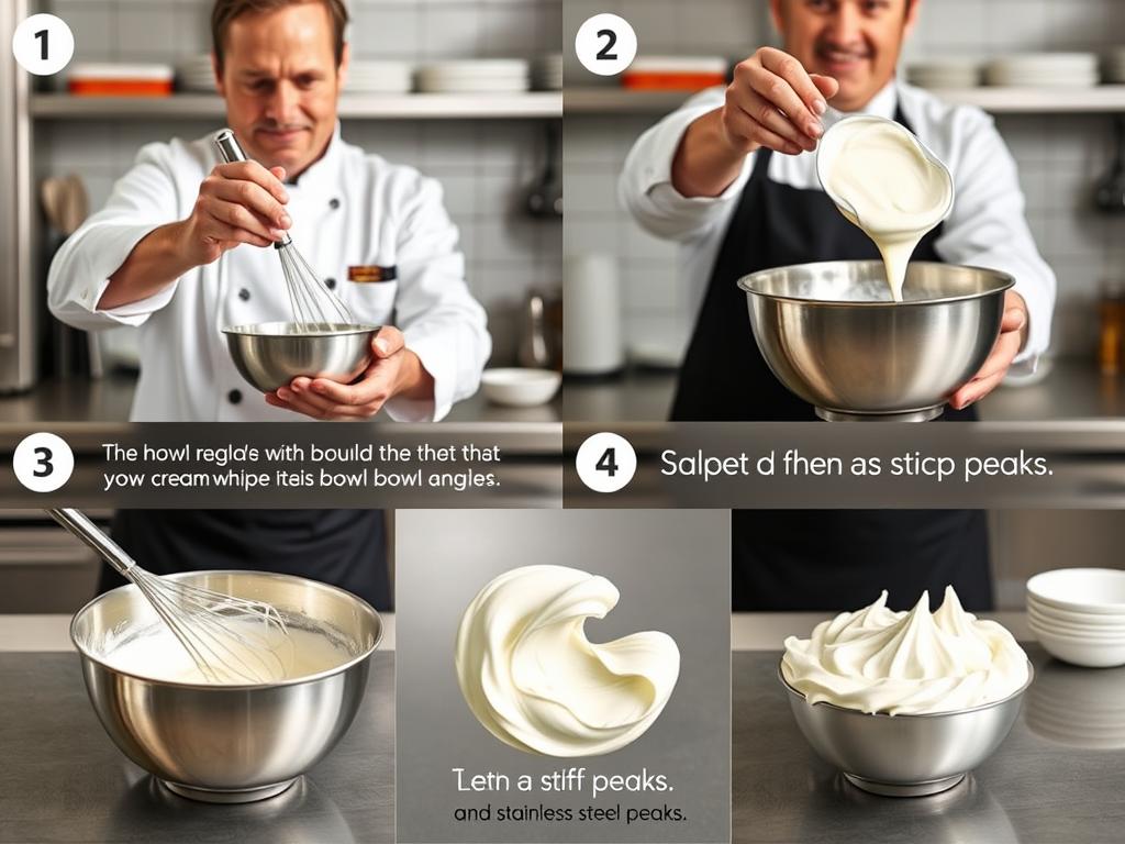 Step-by-step technique for whipping cream in a metal bowl