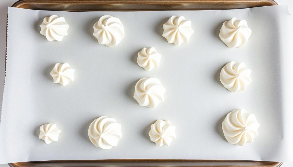 Dollops of whipped cream being frozen on a baking sheet