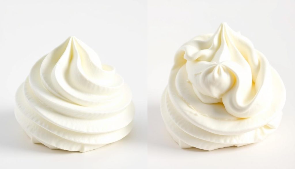 Fresh whipped cream compared to improperly stored whipped cream showing deflation