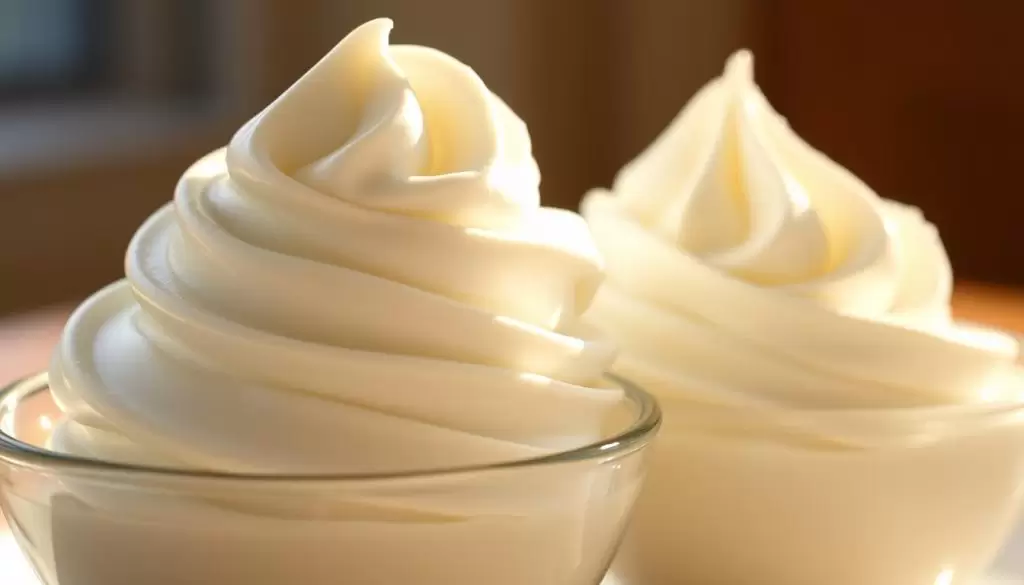 A close-up shot of two small bowls, one filled with a fluffy mound of homemade whipped cream, the other with a dense, store-bought alternative. The homemade cream has a glossy, pristine texture, with soft peaks that gently cascade over the edges of the bowl. Sunlight filters through a window, casting a warm, golden glow on the scene. The store-bought cream has a more rigid, artificial appearance, with less defined peaks. The background is softly blurred, keeping the focus on the contrasting textures and presentation of the two types of whipped cream.