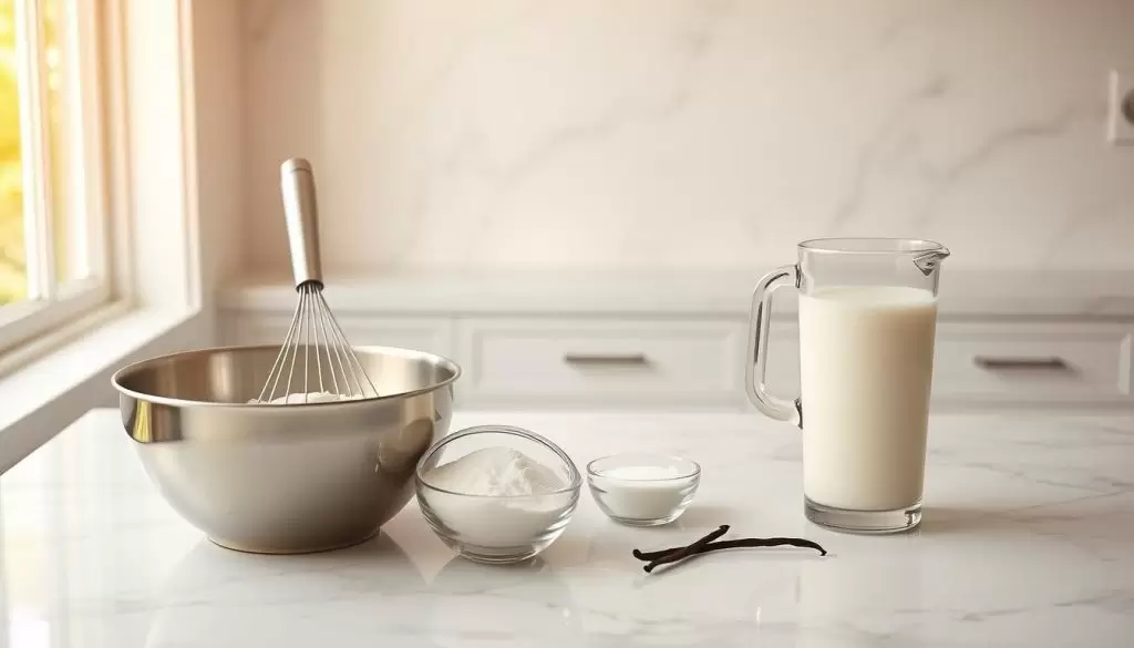 A pristine white marble countertop, evenly lit by warm natural light from a large window. At the center, an arrangement of whipped cream making tools and ingredients: a metal mixing bowl, a whisk, a hand mixer, and a tall glass measuring cup filled with fresh heavy cream. Nearby, a small glass bowl of powdered sugar and a vanilla bean. The composition is visually balanced, with a focus on the tools and materials needed to create perfectly whipped cream, reflecting the "Tools and Ingredients for Whipped Cream Success" section of the article.