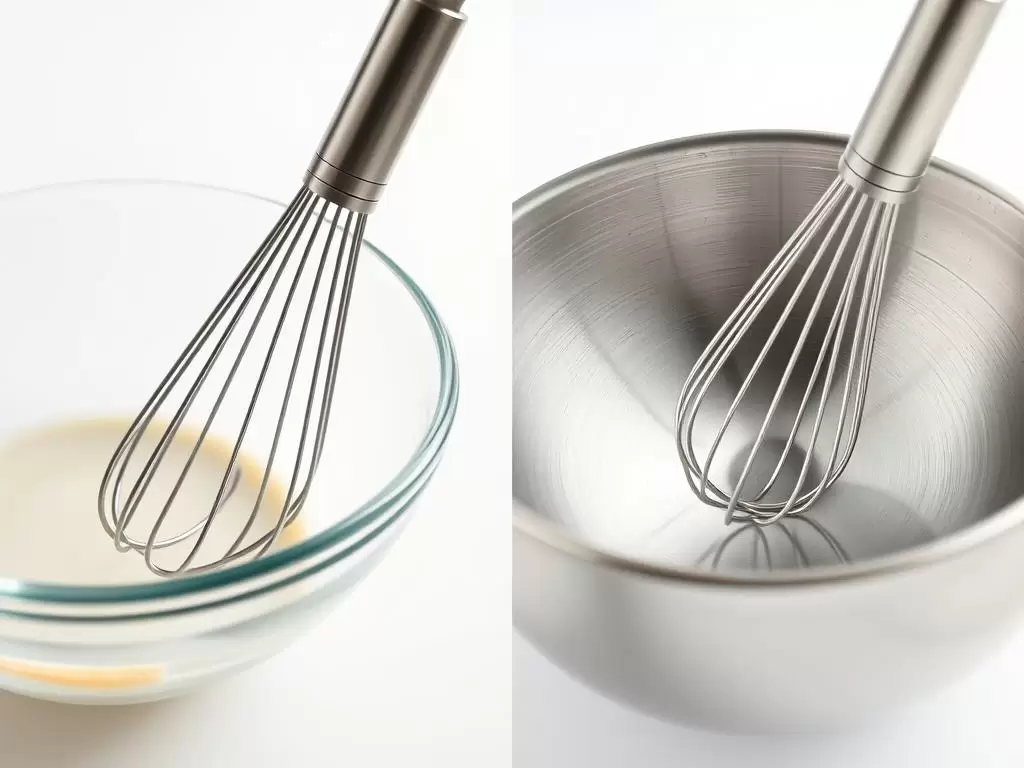 Close-up of whisk making contact with bowl surfaces