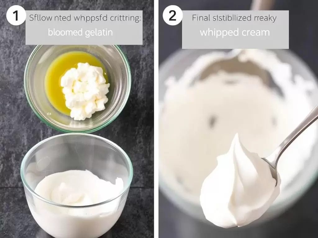 Demonstration of stabilizing whipped cream with gelatin, showing the secret behind whipped cream's longevity
