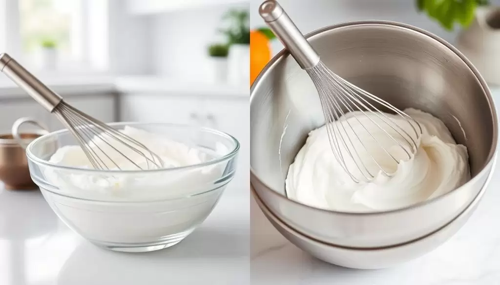 Glass and metal mixing bowls side by side with whipped cream being prepared