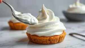 Perfect whipped cream with soft peaks being spooned onto a dessert, showing the secret behind whipped cream's texture