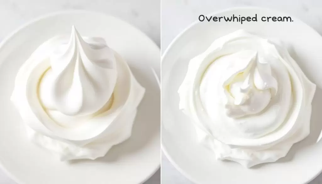 Side-by-side comparison of properly whipped cream versus overwhipped cream showing the secret behind whipped cream consistency
