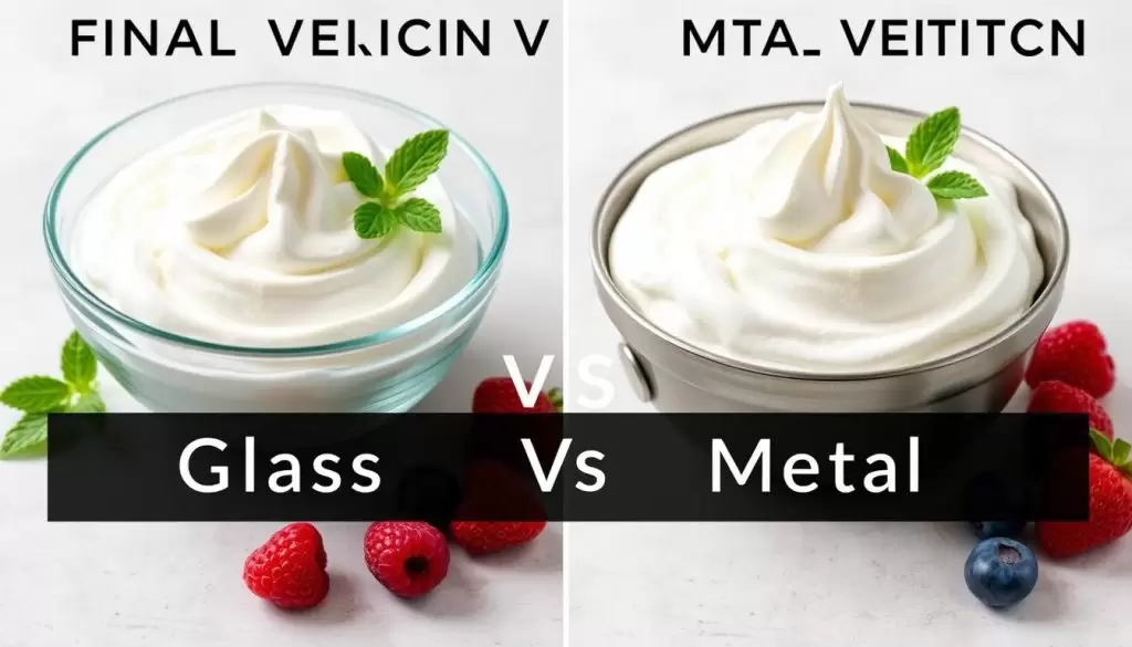 Side-by-side comparison of whipped cream in glass and metal bowls with verdict