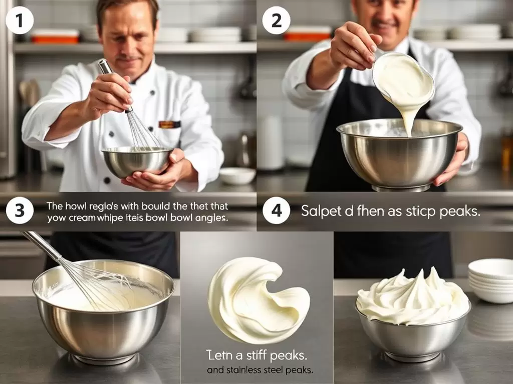 Step-by-step technique for whipping cream in a metal bowl