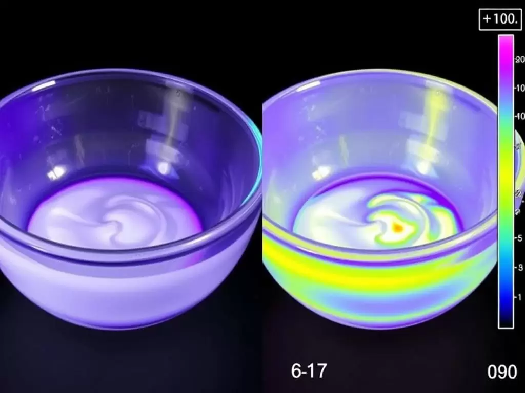 Thermal imaging showing temperature differences between glass and metal bowls