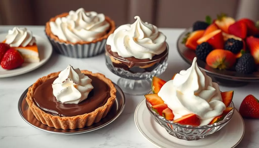 Various desserts topped with different styles of whipped cream showing the versatility and secret behind whipped cream applications