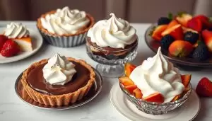 Various desserts topped with different styles of whipped cream showing the versatility and secret behind whipped cream applications