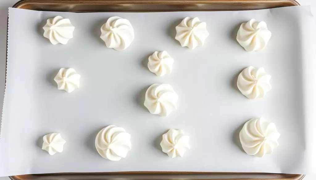 Dollops of whipped cream being frozen on a baking sheet