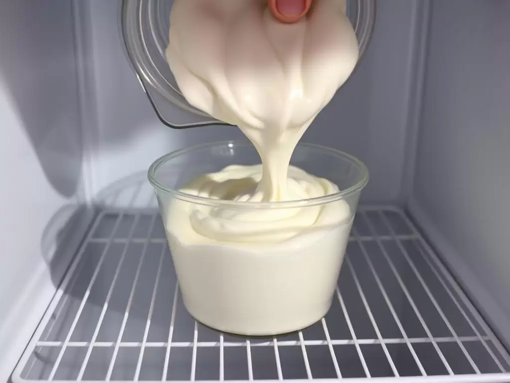 Whipped cream being stored in an airtight container in the refrigerator