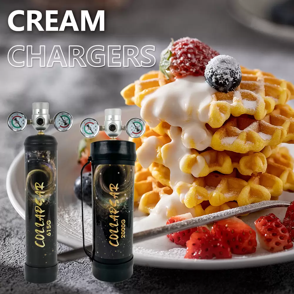 A sumptuous close-up of an array of culinary delights crafted with COLLAPSAR's premium N2O canisters. In the foreground, a decadent dessert featuring whipped cream and fresh berries, illuminated by warm, diffused lighting. In the middle ground, an assortment of artfully plated dishes, each showcasing the versatility of COLLAPSAR's culinary-grade nitrous oxide. The background is blurred, creating a sense of focus and emphasis on the mouthwatering creations. The overall scene exudes an atmosphere of sophistication, indulgence, and the confidence that comes from using high-quality tools like COLLAPSAR's reliable N2O tanks.